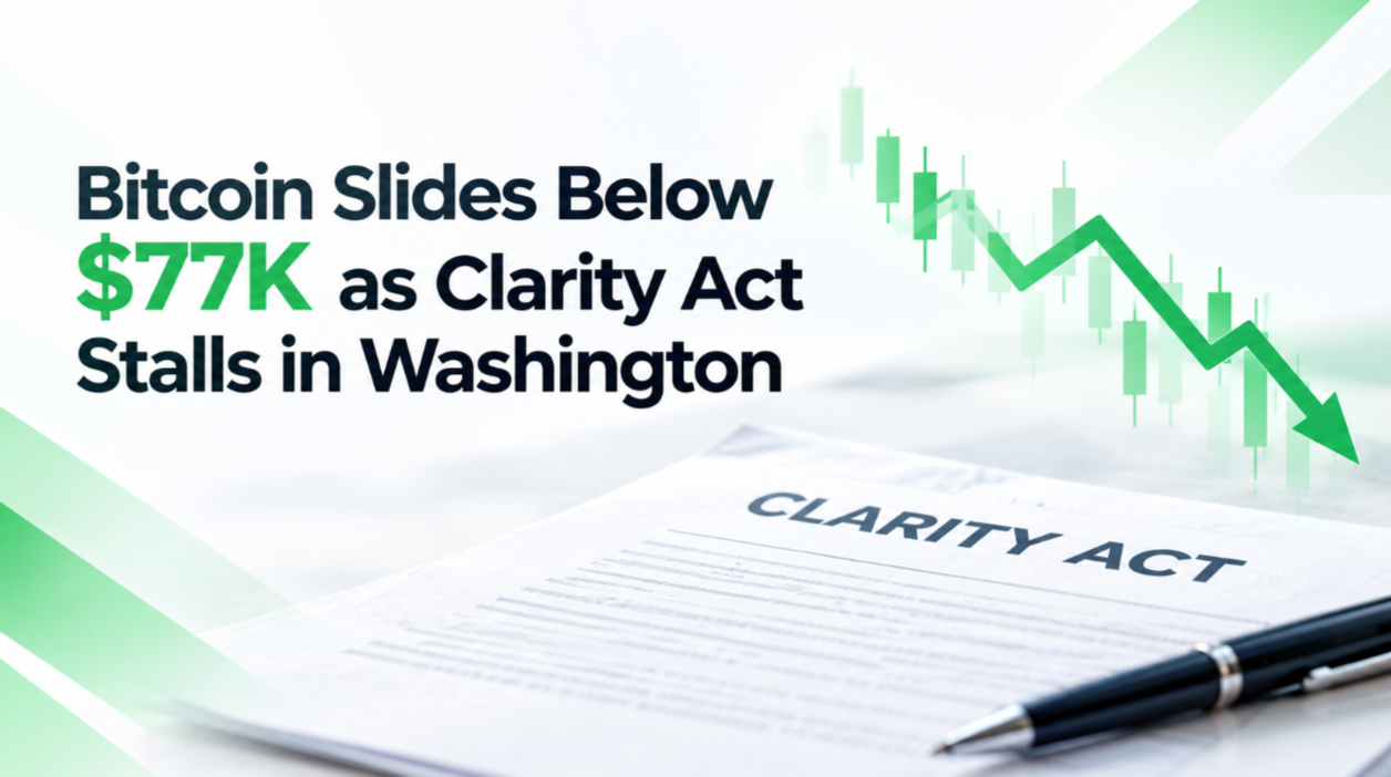 Bitcoin Slides Below $77K as Clarity Act Stalls in Washington