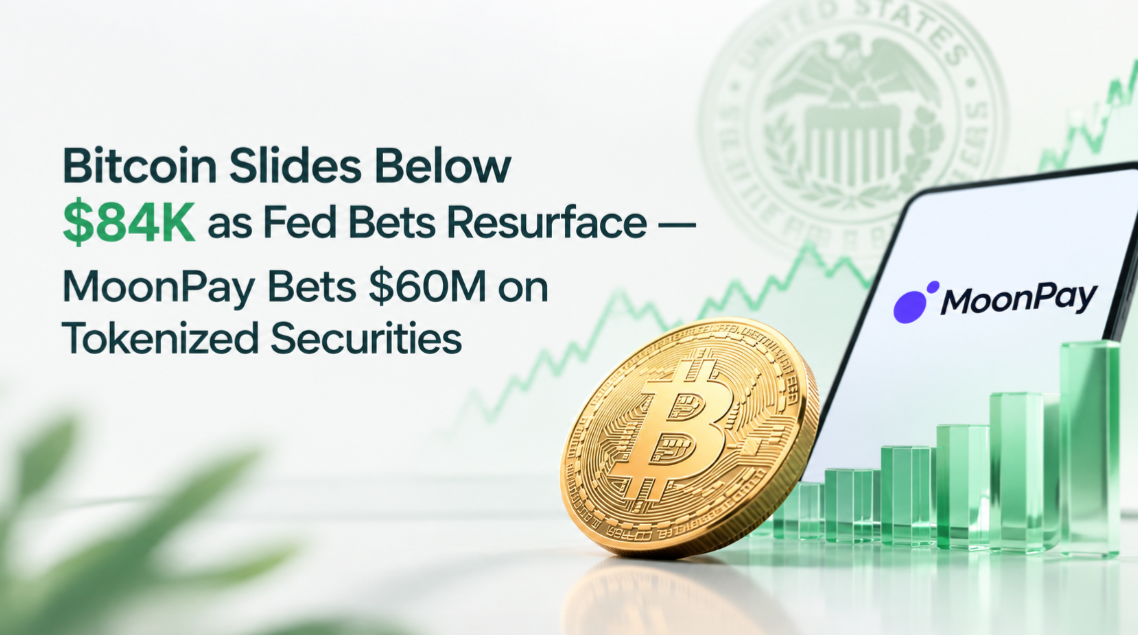 Bitcoin Slides Below $84K as Fed Bets Resurface — MoonPay Bets $60M on Tokenized Securities