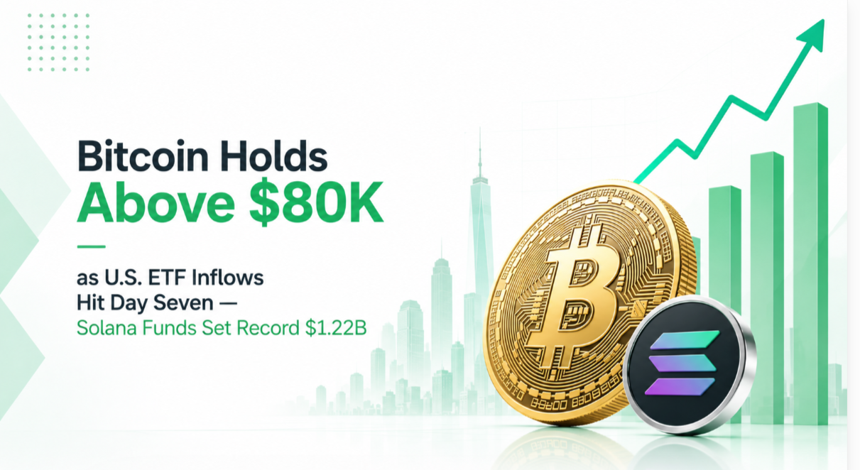 Bitcoin Holds Above $80K as U.S. ETF Inflows Hit Day Seven — Solana Funds Set Record $1.22B